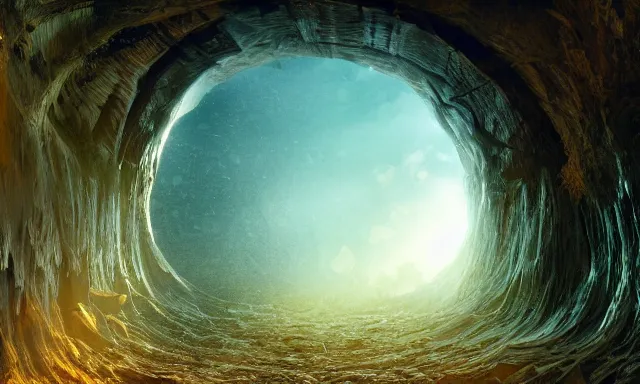 Prompt: beautiful photograph of a magical vertical cylindrical raindrop tunnel between a dried up river and the sun, highly-detailed, fantastic, dramatic lighting, artstation, 4k