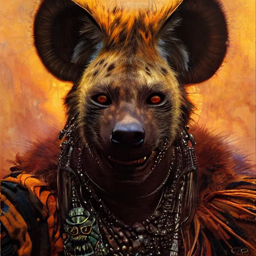 Image similar to portrait of a hyena gnoll shaman wizard. shadowrun furaffiniy cyberpunk fantasy highly detailed painting by gaston bussiere craig mullins jc leyendecker gustav klimt artgerm greg rutkowski john berkey, bergey, craig mullins, ruan jia, raymond swanland, jeremy mann, tom lovell, alex malveda