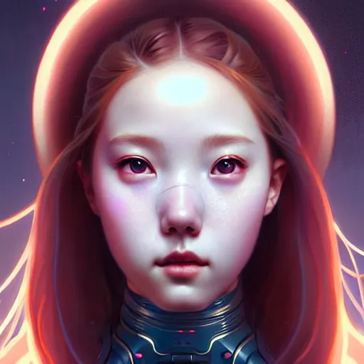 Prompt: portrait painting of a cute cyborg chuu loona kpop smiling cheerfully, ultra realistic, concept art, intricate details, eerie, highly detailed, photorealistic, octane render, 8 k, unreal engine. art by artgerm and greg rutkowski and magali villeneuve and alphonse mucha