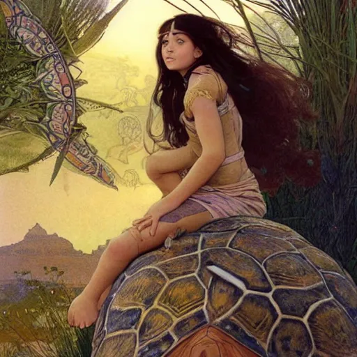 Prompt: a little warrior girl sitting on top of one giant turtle that is walking in the desert. the girl has dark skin and beautiful green eyes, realistic full body and a very beautiful detailed symmetrical face with long black hair. diffuse light, dramatic sky and landscape, long shot fantasy illustration by mucha