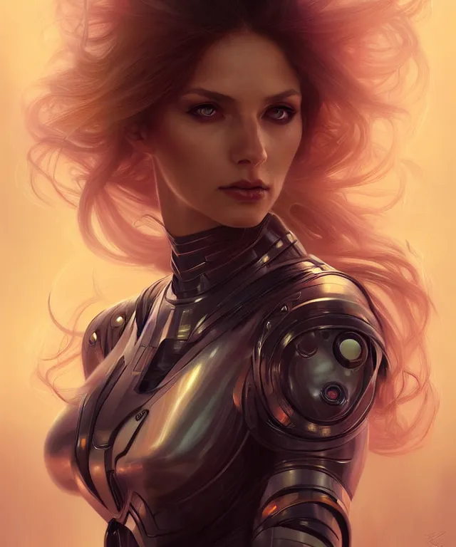 Image similar to futuristic woman portrait, sci-fi, amber eyes, face, long hair, fantasy, intricate, elegant, highly detailed, digital painting, artstation, concept art, smooth, sharp focus, illustration, art by artgerm and greg rutkowski and alphonse mucha