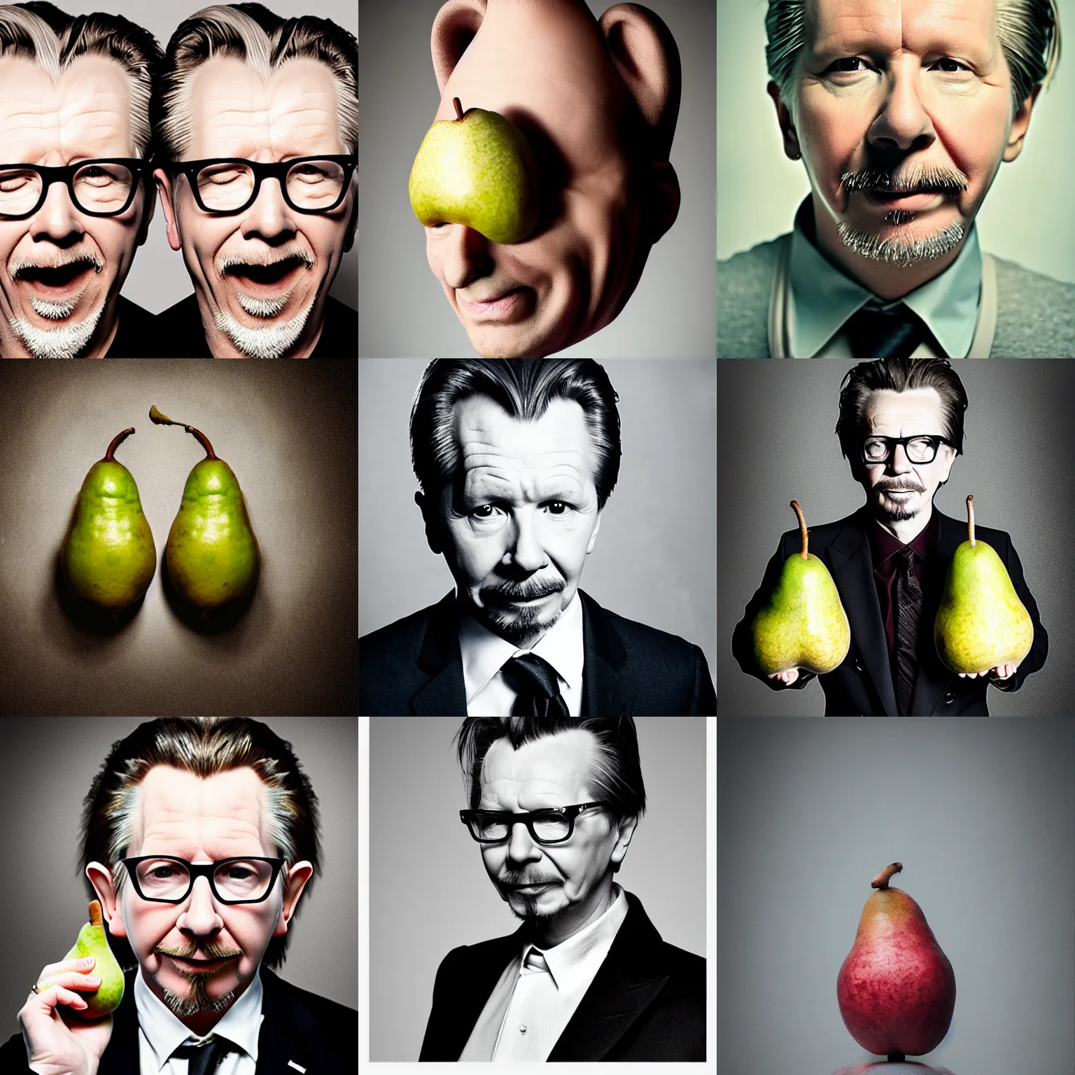 Prompt: gary oldman as a pear, his head is a pear, gary oldman with a pear for a head, professional photography, studio lighting