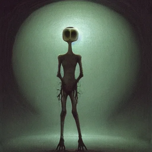 Image similar to cute girl alien meets human boy from Earth by Beksinski