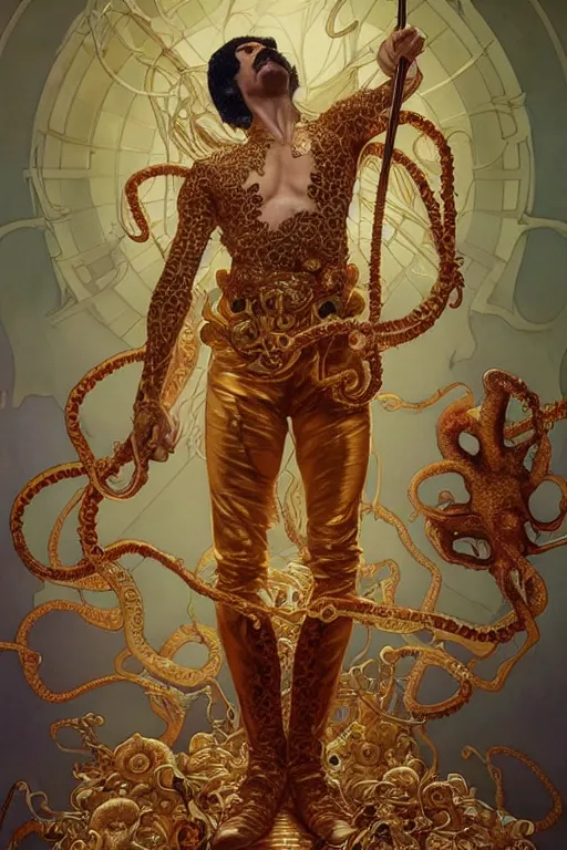 Image similar to Freddy mercury from queen, a golden crown floating above his head, tentacles coming out the ground art by Artgerm and Greg Rutkowski and Alphonse Mucha and Craig Mullins and James Jean and Andrei Riabovitchev and Marc Simonetti and peter mohrbacher, sharp focus, ominous, cosmic horror, trending on artstation, Ultra detailed, hyper realistic 4k