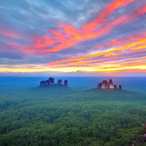 Image similar to the sunrise reveals what's beyond the blue mountains of Yavin 5, landscape photography 4k