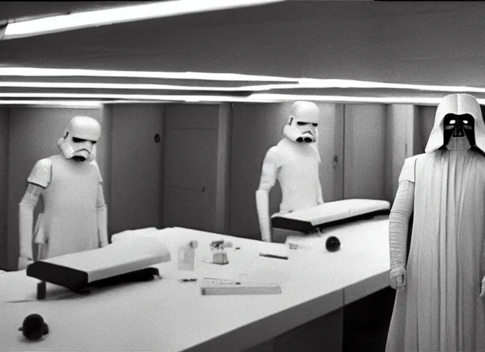 Prompt: screenshot of emporer palpatine's cloning lab room, pensive, iconic scene from 1 9 8 0 star wars film directed by stanley kubrick, last jedi, 4 k hd sharp, cinematic still frame, photoreal, detailed face, moody lighting, stunning cinematography, anamorphic lenses, kodak color film stock