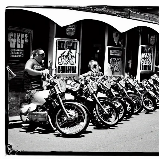 Image similar to a biker gang of coyotes, waiting outside a bar, smoking cigarettes and drinking beer, 25mm, black and white photography