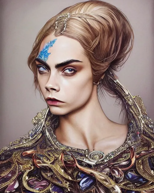 Prompt: cara delevingne wearing epic haute couture by Alexander McQueen, extremely beautiful and proportionate face, in the aesthetic of mert and marcus, masterpiece, intricate, elegant wardrobe, highly detailed, digital painting, artstation, concept art, smooth, sharp focus, illustration, art by artgerm and james jean and greg rutkowski and alphonse mucha