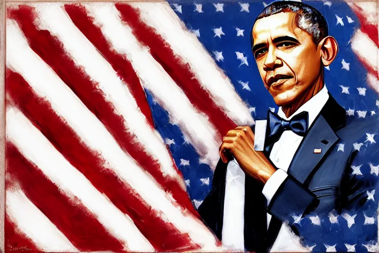 Prompt: a portrait Barack obama wearing an american flag tuxedo suit and playing the piano by normal rockwell