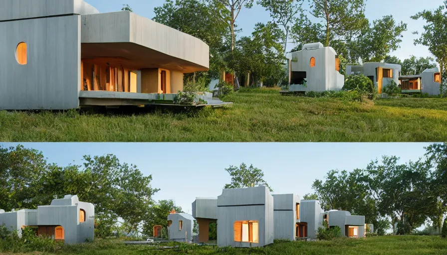 Image similar to An architectural rending of an eco-community neighborhood of innovative contemporary 3D printed sea ranch style cabins with rounded corners and angles, beveled edges, made of cement and concrete, organic architecture, in a lush green eco community with side walks, parks and public space , Designed by Gucci and Wes Anderson, golden hour