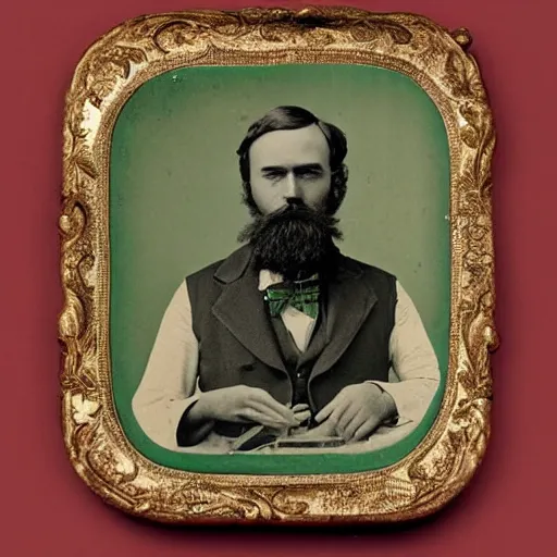 Prompt: 1870s bearded man in green waistcoat holding specimen jar which contains a platypus