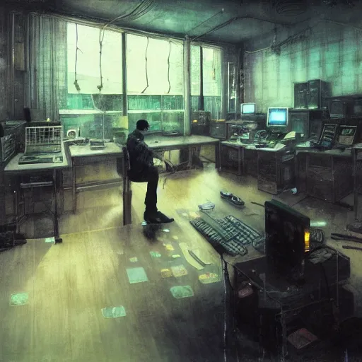 Image similar to portrait of lain iwakura, background room full of cables and computers by yoshitoshi abe, ruan jia and joao ruas, atmospheric, green and blue tones