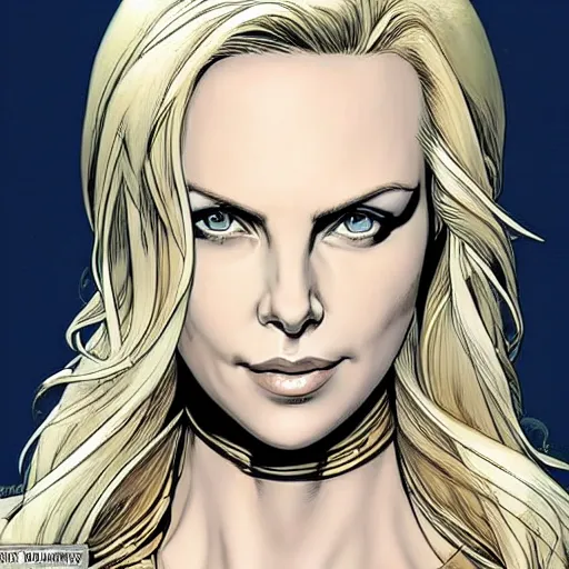 Image similar to charlize theron as emma frost, symmetrical facial features, 8 k intricate detail, detailed face, beautiful, golden ratio, art by pepe larraz, radiosity rendering,