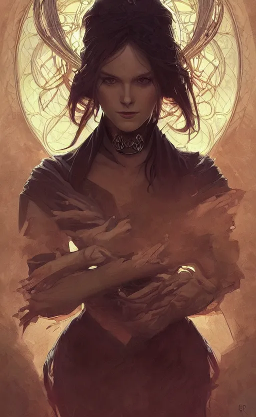 Image similar to portrait of a dark witch, confident, menacing, mysterious, intricate, headshot, highly detailed, digital painting, artstation, concept art, sharp focus, cinematic lighting, illustration, art by artgerm and greg rutkowski, alphonse mucha, cgsociety