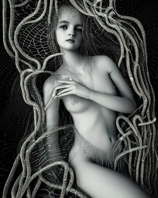 Image similar to surreal mythical dreamy underwater artistic black and white photo of a translucent beautiful young female angelic - medusa - vegetal - cyborg - doll covered with fish scales, highly detailed, intricate crystal ivy jelly fish scales ornate, poetic, translucent algae ornate, digital art, octane render, 8 k artistic photography, photo - realistic, by diane arbus in the style of gustave dore