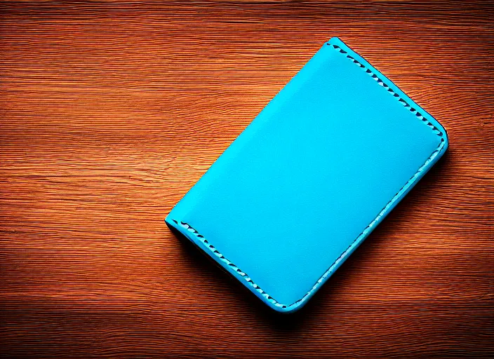 Image similar to clear highly detailed photorealistic topdown mockup product photograph of a realistic wallet on a wooden background