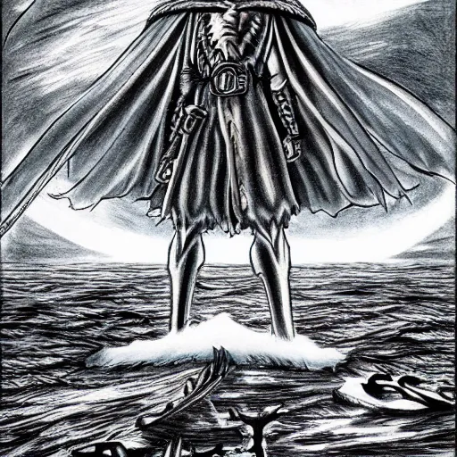 Prompt: berserk manga drawing of a person at the edge of a lake under a solar eclipse