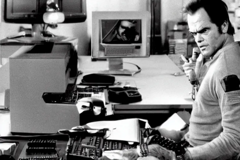 Image similar to Jack Nicholson plays Terminator, scene where he uses computer, still from the film