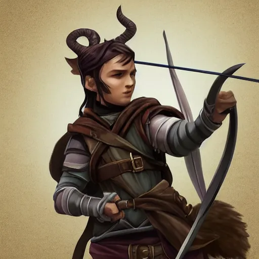 Prompt: a young dnd character tiefling ranger holding a bow ready, highly detailed digital painting 4 k