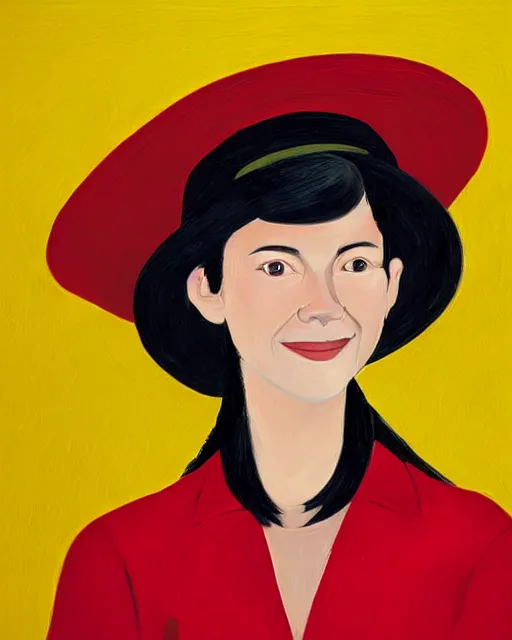 Prompt: portrait of a smiling young woman with hat, long hair and red shirt, yellow background, colorful, smooth, by alex katz, close up