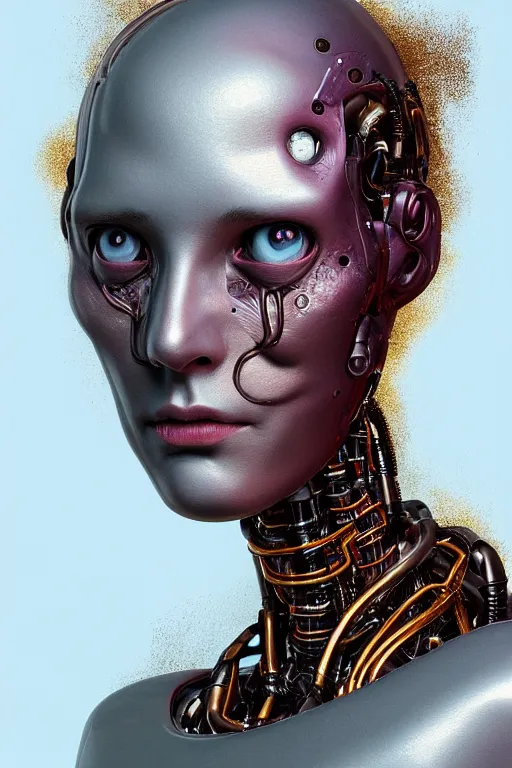 Image similar to beautiful portrait of a teen robot making funny face, dystopian, biopunk, skin details, digital painting, sculpted in zbrush, artstation, concept art, smooth, sharp focus, illustration, chiaroscuro, soft lighting, golden ratio, rule of thirds, fibonacci, art by Audubon, incredible art by Stanley Artgerm Lau and Greg Rutkowski, composition by mike mignola and Simon Stalenhag,