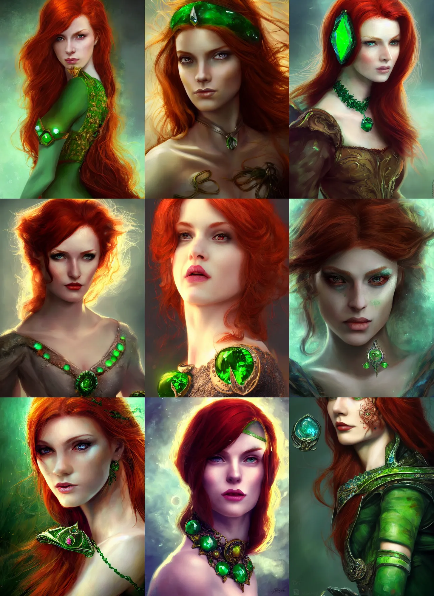 Prompt: Beautiful redhead woman with green gem on her forehead, portrait, fantasy, medieval, vivid colors, fantasy, elegant, concept art, sharp focus, beautiful face, digital art, Hyper-realistic, 4K, Unreal Engine, Highly Detailed, HD, Dramatic Lighting by Brom, trending on Artstation