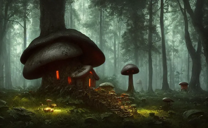 Prompt: A mushroom house!!!!, in a dark forest, small windows !!, macro, cool tones, underexposed, overecast, mysterious matte painting by greg rutkowski and marc simonetti and Ivan Shishkin, 4k