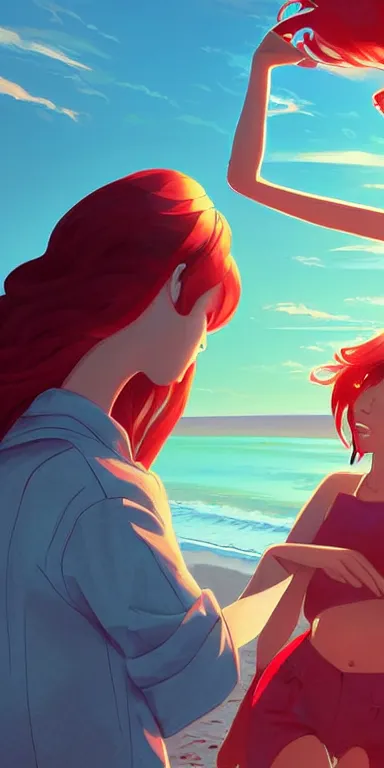 Image similar to lois van baarle, artgerm, helen huang, by makoto shinkai and ilya kuvshino, rossdraws, illustration, art by ilya kuyshuno. cute scarlet red haired cyborg woman, denim shorts, at beach at sunset, beautiful face, smiling, clean cel shaded vector art, exaggerated proportions