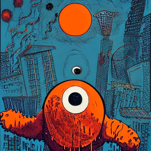 Prompt: A beautiful conceptual art of a large, orange monster looming over a cityscape. The monster has several eyes and mouths, and its body is covered in spikes. It seems to be coming towards the viewer, who is looking up at it in fear. surrealist, Carboniferous by Takashi Murakami, by Ettore Sottsass subdued