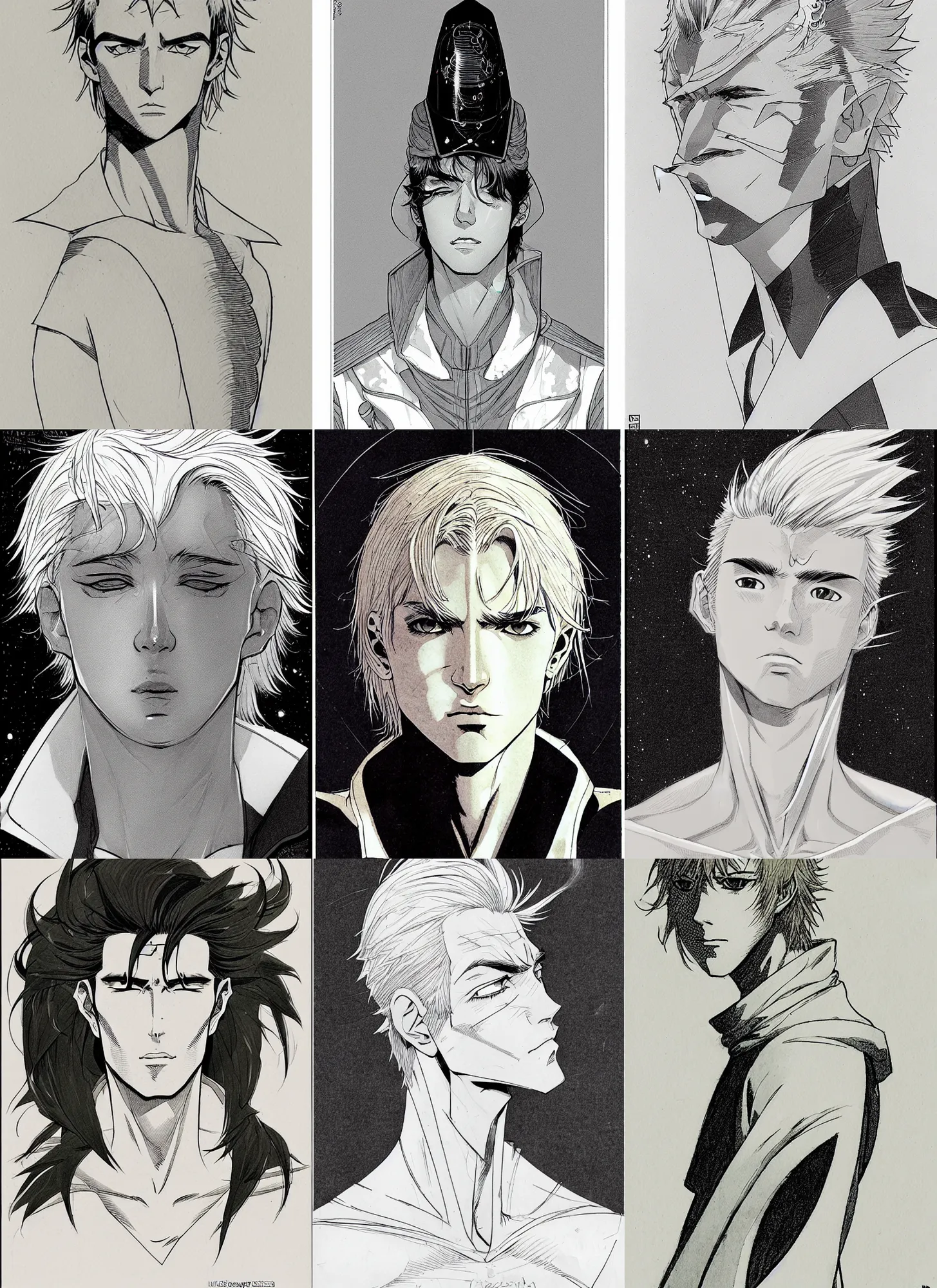 Prompt: young bishonen male! scrawny white haired weak mage! sci - fi! moebius, milo manara, hugo pratt, french comic art, semi - realistic anime, portrait, beautiful face, symmetrical face, trending on pixiv, detailed, clean lines, sharp lines, crisp lines, award winning illustration, masterpiece, 4 k