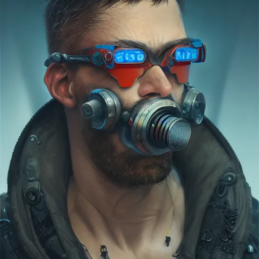 Image similar to apocalyptic cyberpunk man portrait by gaston bussierre and charles vess and james jean and erik jones and rhads, 3 d octane render, beautiful fine face features, intricate high details, sharp, ultradetailed