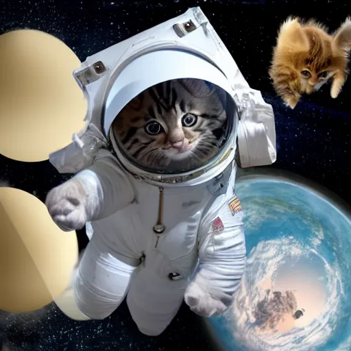 Prompt: 3D realistic action sequence of an astronaut ((cream colored maine coon kitten)) floating next to the James Webb Telescope in outer space, an unopened bag of kitty litter floats nearby, in the background friendly cute cute cute alien spacecraft