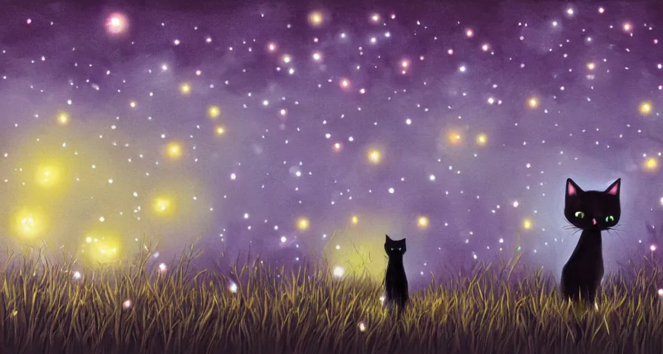 Image similar to black cat with glowing eyes walking around in a very dark open field at midnight with fireflies in the air and lots of stars in the sky, digital painting, highly detailed, magical, beautiful