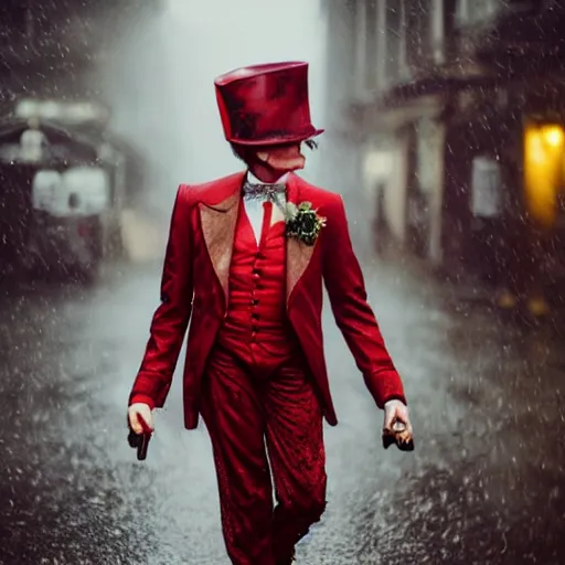 Image similar to cinestill 5 0 d candid photographic portrait by david cronenberg of baroque steampunk cyborg gentleman wearing a red edwardian suit and top hat, floral growths, modern cyberpunk moody emotional cinematic, closeup, pouring rain menacing lights shadows, 8 k, hd, high resolution, 3 5 mm, f / 3 2, ultra realistic faces, ex machina