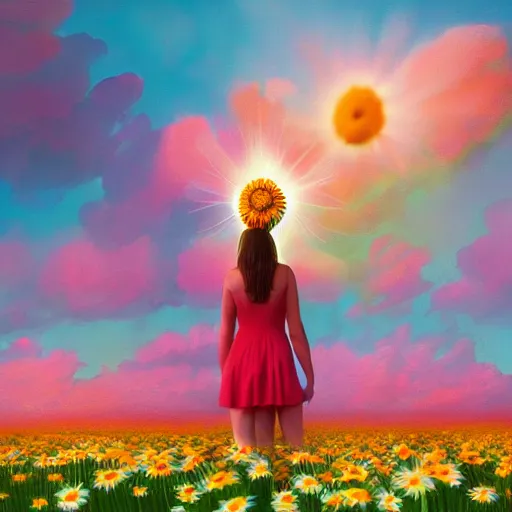 Prompt: giant daisies flower as head, full body girl standing in a flower field, surreal photography, sunrise, dramatic light, impressionist painting, colorful clouds in sky, digital painting, artstation, simon stalenhag