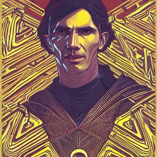 Image similar to elden ring themed majestic futuristic visionary inventor nikola tesla tarot crad by sachin teng, artgerm, darius zawadzki, masterpiece, organic painting, matte painting, technical geometrical drawing shapes, lightning electricity coil, hard edges, graffiti, high quality art by sachin teng, artstation trending