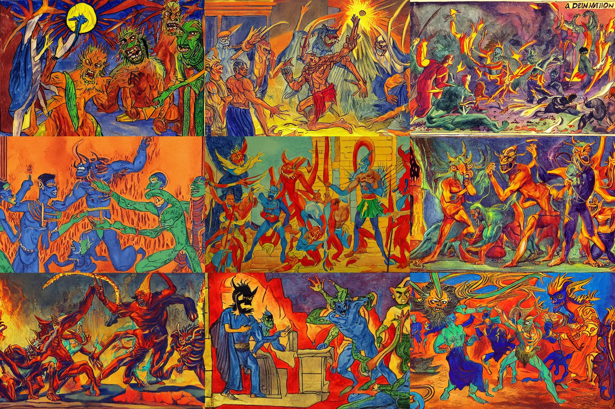 Prompt: a demon bursts out of a man during an important meeting, ancient babylon, vivid colours, storybook illustration