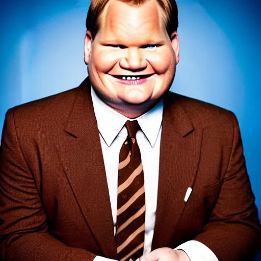 Image similar to Andy Richter is wearing a chocolate brown suit and necktie and is in a bedroom with a window letting in bright morning sunlight. Andy is sitting upright in a bed and is stretching his arm. His mouth his wide open as he yawns.