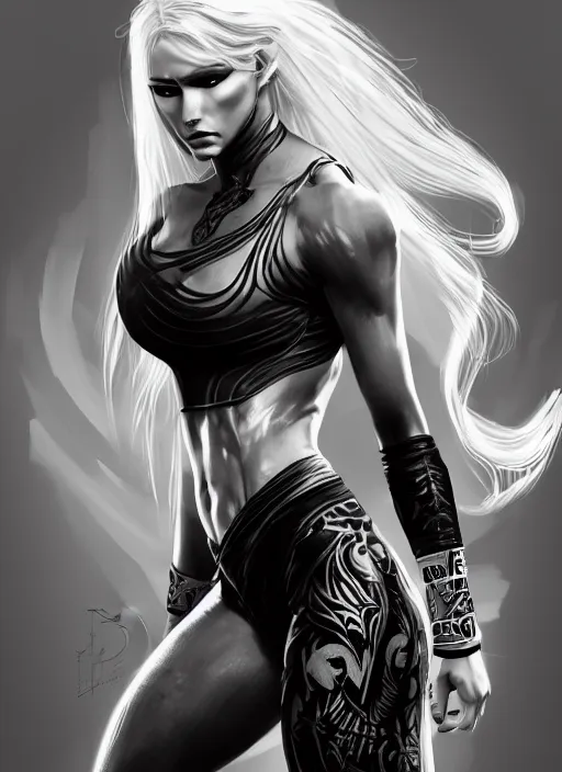 Image similar to a highly detailed illustration of fierce beautiful platinum blonde woman wearing black mma gear, heroic fighting stance pose, muscular, perfect face, perfect body, intricate, elegant, highly detailed, centered, digital painting, artstation, concept art, smooth, sharp focus, league of legends concept art, wlop