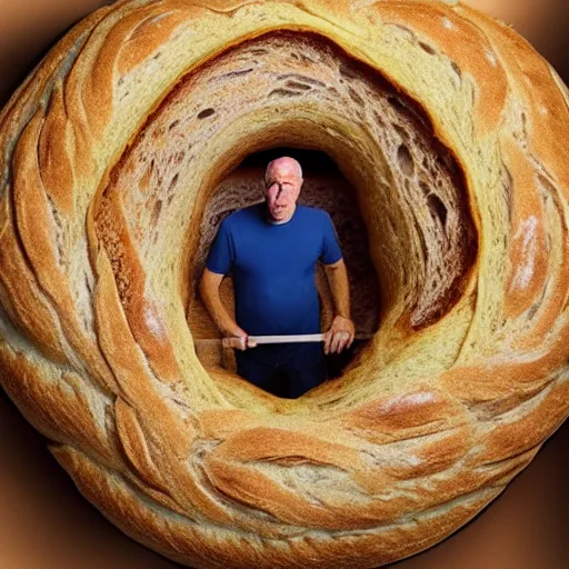 Image similar to man living inside a bread seen from outside, hyper detailed
