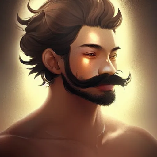 Image similar to Portrait of man with Tousled Curls type hair and Brown Indonesian-type skin, with round face and mustache, atmospheric lighting, intricate detail, cgsociety, ambient light, dynamic lighting, anime style by Yusuke Kozaki