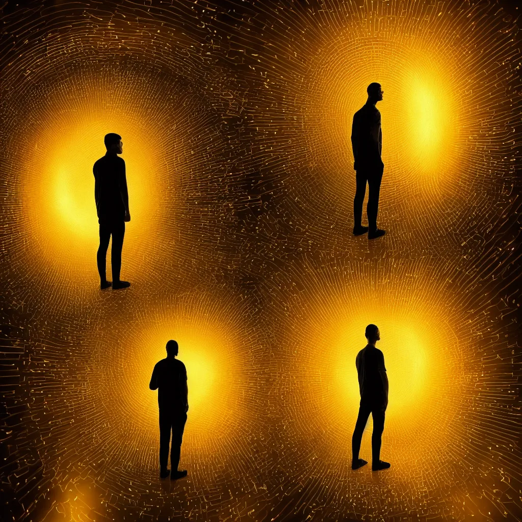 Prompt: “a first human standing looking at a mirror through a golden portal with a reflection of himself while a conscious being manifests next to him, highly detailed in 4K”