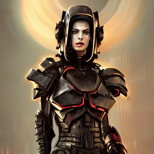 Prompt: ann hathaway portrait, dystopia core, apocalyptic, armor, warrior, dramatic, sharp focus, fiction, neon, fantasy, hyper detailed, digital art, trending in artstation, cinematic lighting, studio quality, smooth render, unreal engine 5 rendered, octane rendered, art style and nixeu and wlop and krenz cushart