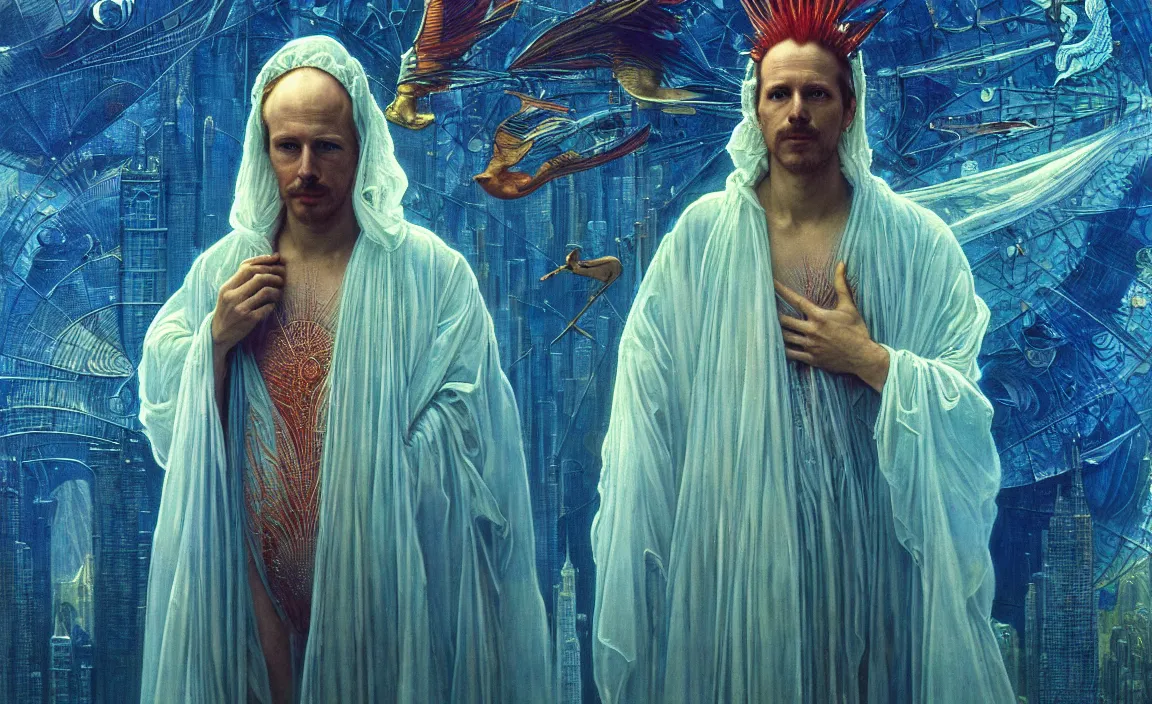 Image similar to realistic detailed portrait movie shot of a birdman wearing reflective transparent robes, sci fi city landscape background by denis villeneuve, amano, yves tanguy, alphonse mucha, ernst haeckel, max ernst, roger dean, masterpiece, rich moody colours, blue eyes