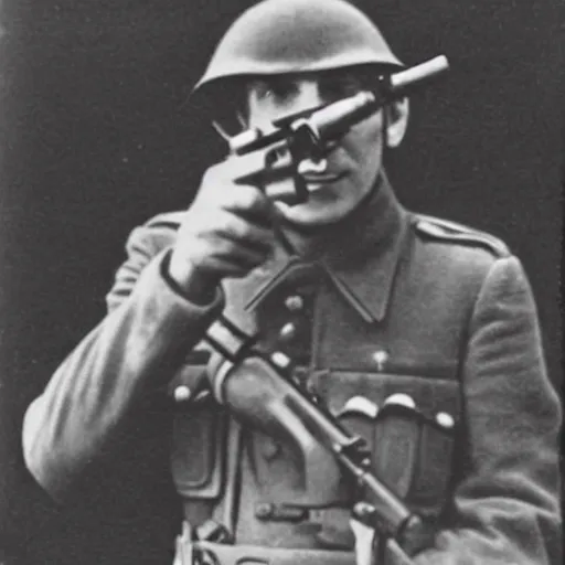 Prompt: old wartime photograph of john lennon holding a lewis gun, 1 9 1 7