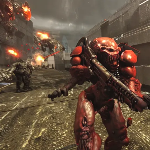 Image similar to real life doom slayer walking on human bloody dead bodies, shooting with heavy bolt rifle towards demons