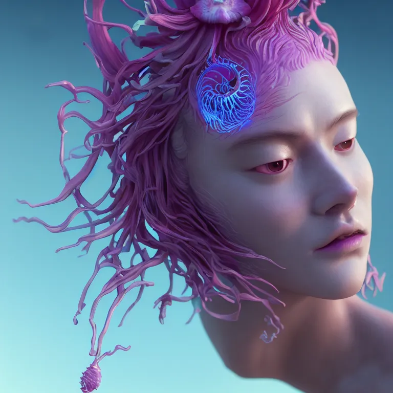 Image similar to goddess full painted acryllic sculpture close-up portrait. orchid bird phoenix jellyfish betta fish, intricate artwork by Tooth Wu and wlop and beeple. octane render, trending on artstation, greg rutkowski very coherent symmetrical artwork. cinematic, hyper realism, high detail, octane render, 8k