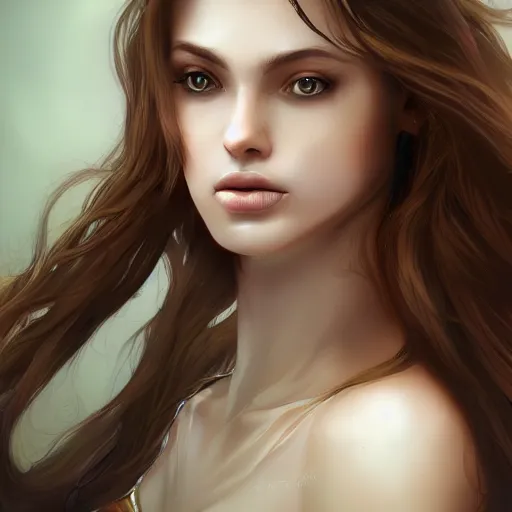 Image similar to A beautiful woman, mystic, digital art, artstation, uncompressed, detailed, long brown hair, pose