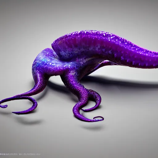 Image similar to a photo of 8k ultra realistic evil purple squid, full body, intricate purple and blue tentacles, ornate