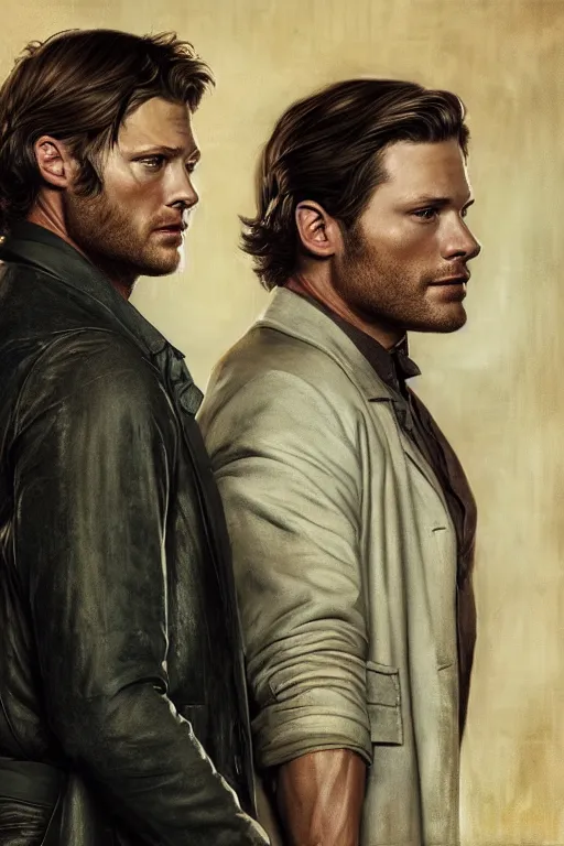 Image similar to a detailed matte portrait of jensen ackles holmes and jared padalecki as doctor watson, masterpiece, 8 k, art by alphonse mucha and greg rutkowski